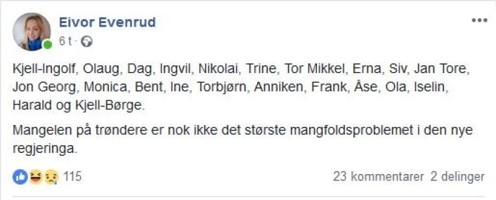 Skjermdump fra Eivor Evenruds Facebook-side. Skjermdump fra Eivor Evenruds Facebook-side.