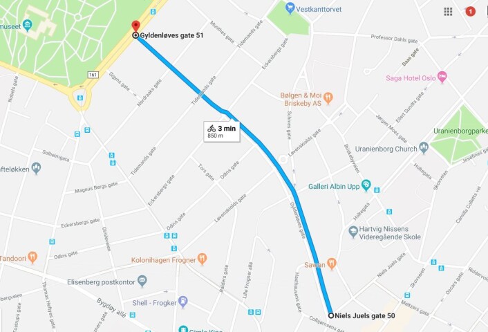 På denne strekningen i Gyldenløves gate på Frogner, skal gateparkeringene etter planen fjernes. Kart: Google maps På denne strekningen i Gyldenløves gate på Frogner, skal gateparkeringene etter planen fjernes. Kart: Google maps