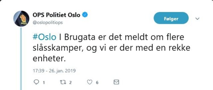 Skjermdump fra politiets twitter-konto. Skjermdump fra politiets twitter-konto.