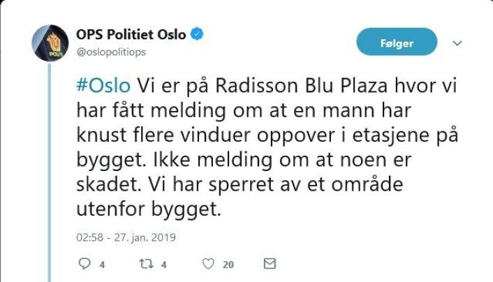 Skjermdump av politiets Twitter-konto. Skjermdump av politiets Twitter-konto.