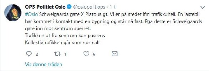 Skjermdump fra politiets Twitter-konto Skjermdump fra politiets Twitter-konto