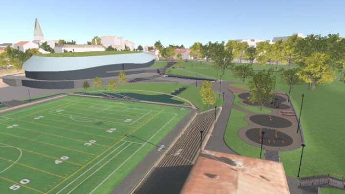 Når Jordal Amfi etter planen står ferdig i juni 2020, skal både fotball og amerikansk fotball skal få tilbake kunstgressbanen. Illustrasjon: Oslo kommune Når Jordal Amfi etter planen står ferdig i juni 2020, skal både fotball og amerikansk fotball skal få tilbake kunstgressbanen. Illustrasjon: Oslo kommune