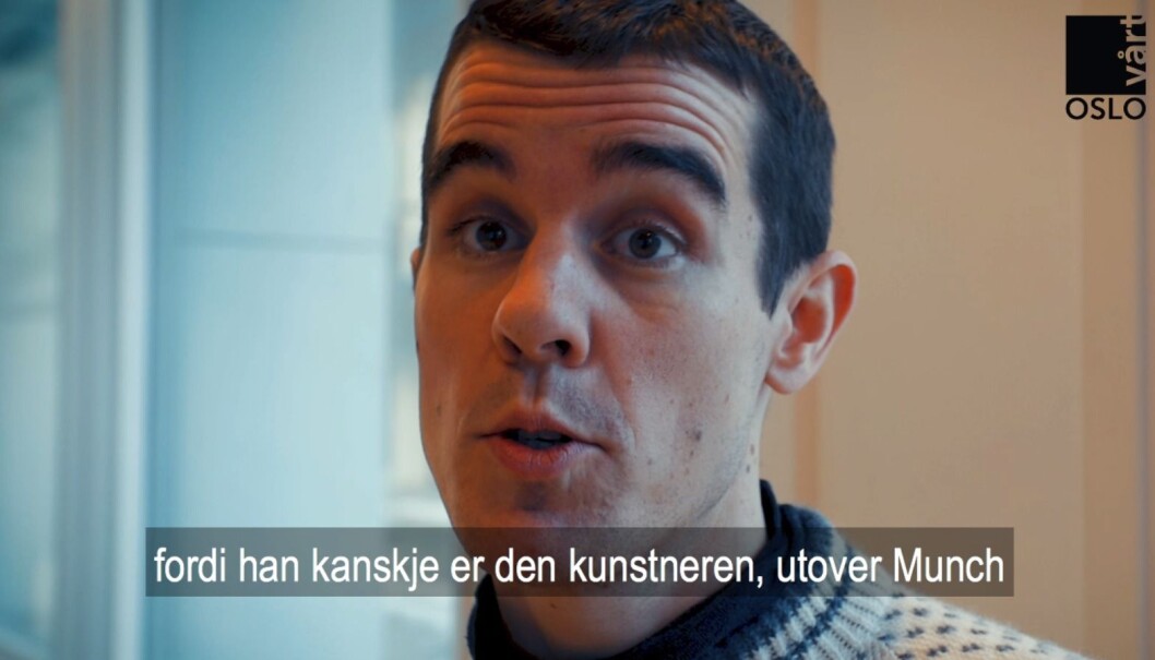 Kristian Schrøder snakker om Per Krohg. Skjermbilde fra video av Thor Langfeldt Kristian Schrøder snakker om Per Krohg. Skjermbilde fra video av Thor Langfeldt