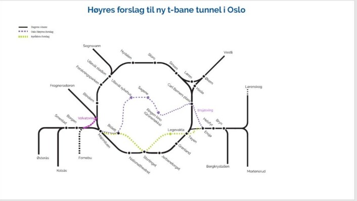 Høyres forslag til ny T-banetrasé. Til Grünerløkka, Sagene og Bislett i stedet for gjennom sentrum. Høyres forslag til ny T-banetrasé. Til Grünerløkka, Sagene og Bislett i stedet for gjennom sentrum.