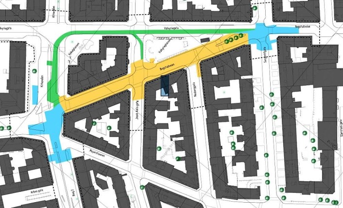 Gult område viser den delen av Bogstadveien som skal oppgraderes i fase 1, med varighet fra februar til oktober 2019. Illustrasjon: Sporveien Gult område viser den delen av Bogstadveien som skal oppgraderes i fase 1, med varighet fra februar til oktober 2019. Illustrasjon: Sporveien