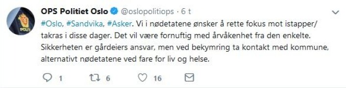 Skjermdump fra politiets Twitter-konto Skjermdump fra politiets Twitter-konto