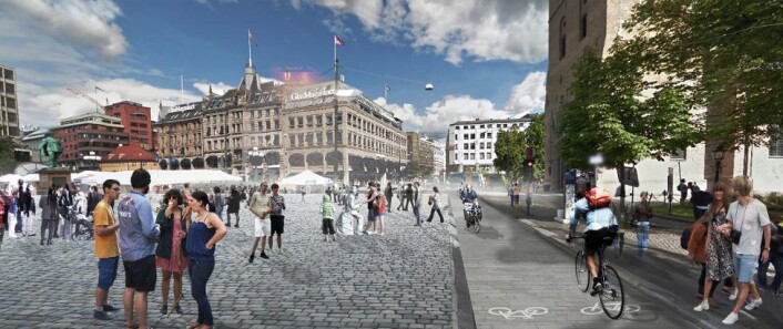 Her er en av visjonene om bilfritt byliv ved Domkirken og Stortorget i Oslo sentrum. Illustrasjon: Grindaker landskapsarkitekter / Okra Landscapearchitects / Witteveen+Bos Her er en av visjonene om bilfritt byliv ved Domkirken og Stortorget i Oslo sentrum. Illustrasjon: Grindaker landskapsarkitekter / Okra Landscapearchitects / Witteveen+Bos