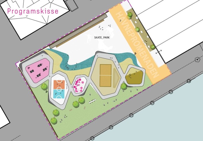 Ved siden av Skur 13 på Filipstadkaia har Oslo Havn planene klare for blant annet et skateområde i Trettenparken. Illustrasjon HAV / Oslo Havn Ved siden av Skur 13 på Filipstadkaia har Oslo Havn planene klare for blant annet et skateområde i Trettenparken. Illustrasjon HAV / Oslo Havn