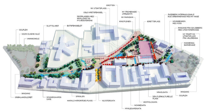 Slik ser arkitektene for seg at skulpturparken på Klosterenga vil se ut når den er ferdig. Illustrasjon: Dronninga Landskap Slik ser arkitektene for seg at skulpturparken på Klosterenga vil se ut når den er ferdig. Illustrasjon: Dronninga Landskap