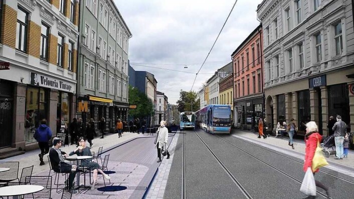 Den midterste delen av Thorvald Meyers gate skal oppgraderes først. Her blir det bredere fortauer og soner som tilrettelegger for uteservering. Illustrasjon: Bymiljøetaten Den midterste delen av Thorvald Meyers gate skal oppgraderes først. Her blir det bredere fortauer og soner som tilrettelegger for uteservering. Illustrasjon: Bymiljøetaten
