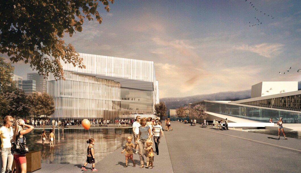 Nye Deichman i Bjørvika med Kirsten Flagstads plass og Operan til høyre. Illustrasjon: Lund Hagen arkitekter og Atelier Oslo Nye Deichman i Bjørvika med Kirsten Flagstads plass og Operan til høyre. Illustrasjon: Lund Hagen arkitekter og Atelier Oslo