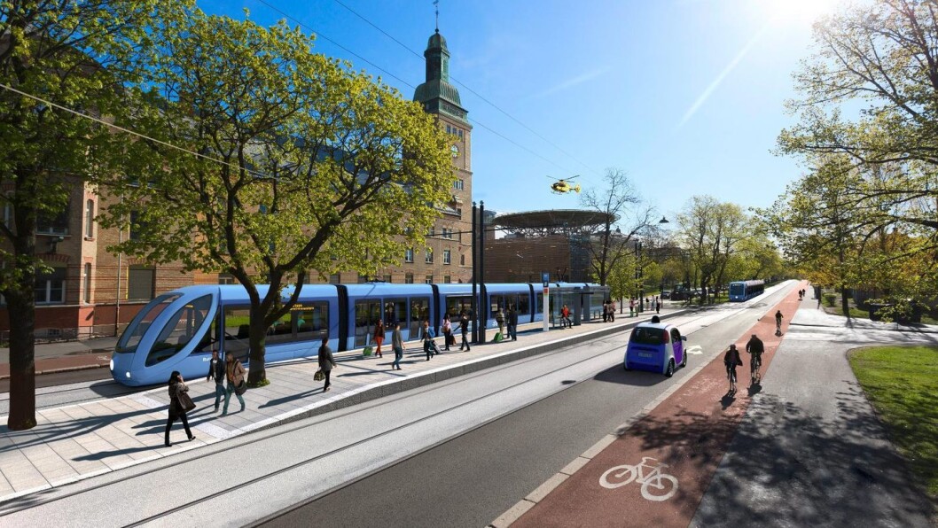Slik kan det bli om trikken går langs Ring 2. Trikken får egen trasé, bilen får én og syklistene får god plass i et eget felt. Illustrasjon: Placebo Effect for Ruter As/Illustrasjonsbilde Slik kan det bli om trikken går langs Ring 2. Trikken får egen trasé, bilen får én og syklistene får god plass i et eget felt. Illustrasjon: Placebo Effect for Ruter As/Illustrasjonsbilde