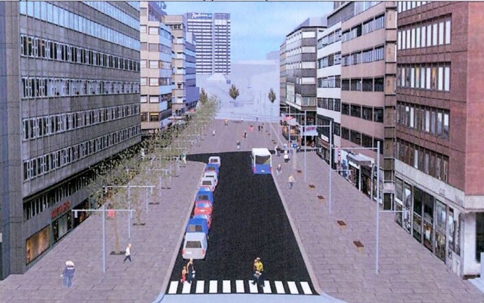 Byrådets plan for gågate i halve Olav Vs gate. Men Venstres Hallstein Bjercke påpeker at bystyreflertallet vil samle seg om en ny plan for gågate i hele Olav Vs gate, og ber det rødgrønne byrådet ta rev i seilene inntil hele gaten kan forbeholdes gående. Illustrasjon: Oslo kommune Byrådets plan for gågate i halve Olav Vs gate. Men Venstres Hallstein Bjercke påpeker at bystyreflertallet vil samle seg om en ny plan for gågate i hele Olav Vs gate, og ber det rødgrønne byrådet ta rev i seilene inntil hele gaten kan forbeholdes gående. Illustrasjon: Oslo kommune