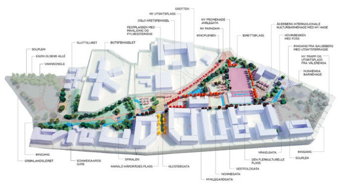 Slik ser arkitektene for seg at skulpturparken på Klosterenga vil se ut når den er ferdig. Illustrasjon: Dronninga Landskap Slik ser arkitektene for seg at skulpturparken på Klosterenga vil se ut når den er ferdig. Illustrasjon: Dronninga Landskap