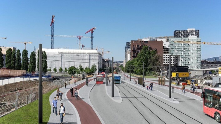 Slik ser bymiljøetaten for seg at den nye trikkeholdeplassen i Bispegata blir seende ut etter neste høst. Illustrasjon: Bymiljøetaten / Oslo kommune Slik ser bymiljøetaten for seg at den nye trikkeholdeplassen i Bispegata blir seende ut etter neste høst. Illustrasjon: Bymiljøetaten / Oslo kommune