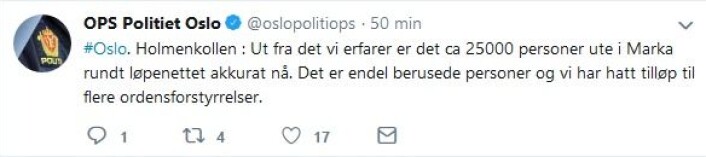 Skjermdump fra politiets Twitter-konto. Skjermdump fra politiets Twitter-konto.