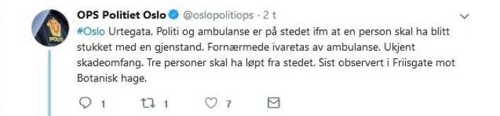 Skjermdump fra poliiets Twitter-konto. Skjermdump fra poliiets Twitter-konto.