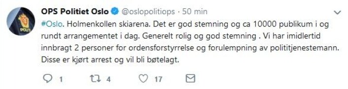 Skjermdump fra politiets Twitter-konto. Skjermdump fra politiets Twitter-konto.
