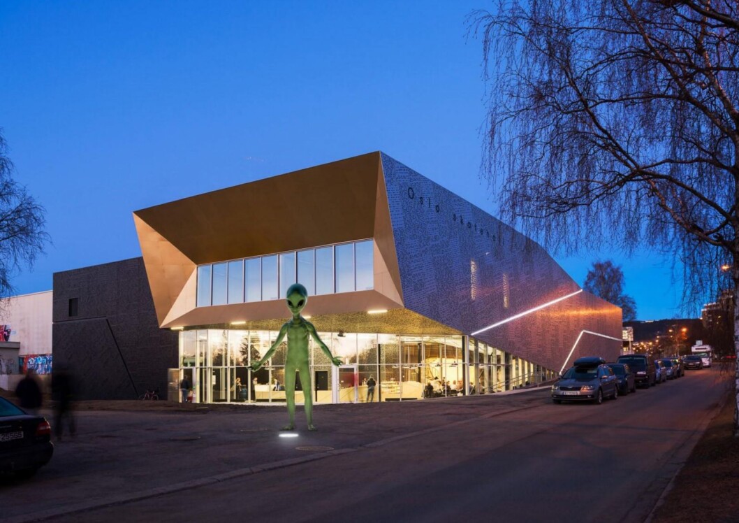 Romvesen foran Oslo skatehall på Voldsløkka. Illustrasjon: Stav & Skjelbreia / Oslo kommune Romvesen foran Oslo skatehall på Voldsløkka. Illustrasjon: Stav & Skjelbreia / Oslo kommune