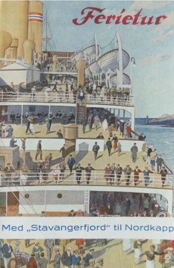 MS Stavangerfjord-brosjyre fra Den norske Amerikalinje, Nordkapptur fra Oslo med lugarpriser fra 250 til 690 kroner. 13-dagers tur med anløp av 19 byer og fjorder. Faksimile: NAL MS Stavangerfjord-brosjyre fra Den norske Amerikalinje, Nordkapptur fra Oslo med lugarpriser fra 250 til 690 kroner. 13-dagers tur med anløp av 19 byer og fjorder. Faksimile: NAL