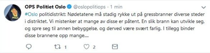 Skjermdump fra politiets Twitter-konto. Skjermdump fra politiets Twitter-konto.