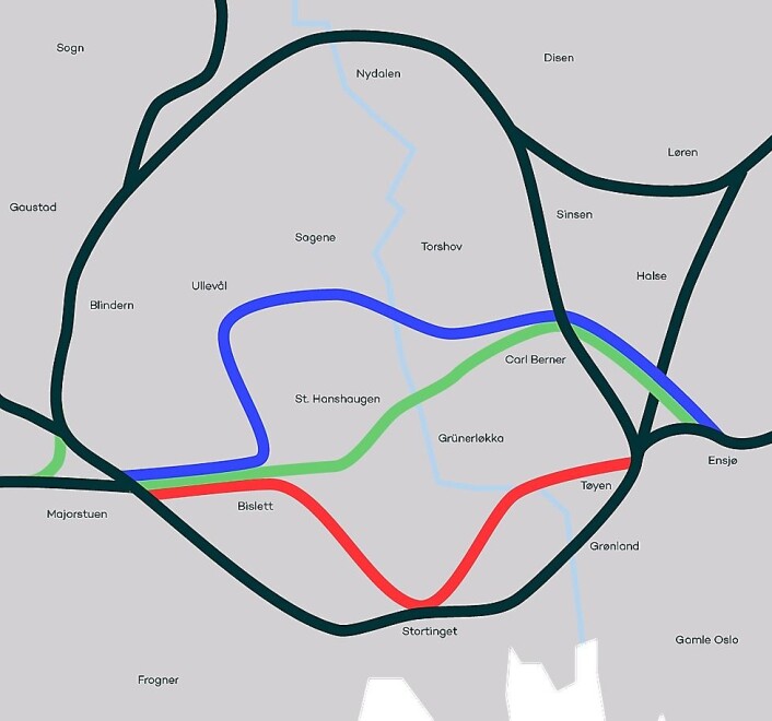 Venstres alternativ legger seg tettere opp mot Høyres forslag enn Ap/SV/MDG-byrådets ønske om en T-banetunnel parallelt med dagens løsning gjennom sentrum. Illustrasjon: Oslo Venstre Venstres alternativ legger seg tettere opp mot Høyres forslag enn Ap/SV/MDG-byrådets ønske om en T-banetunnel parallelt med dagens løsning gjennom sentrum. Illustrasjon: Oslo Venstre
