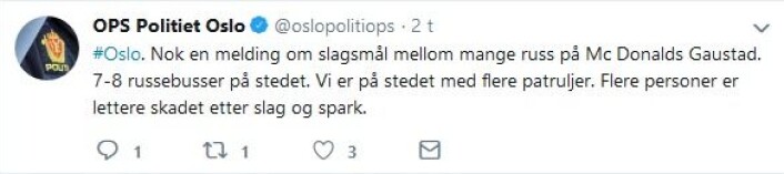 Skjermdump fra politiets Twitter-side. Skjermdump fra politiets Twitter-side.