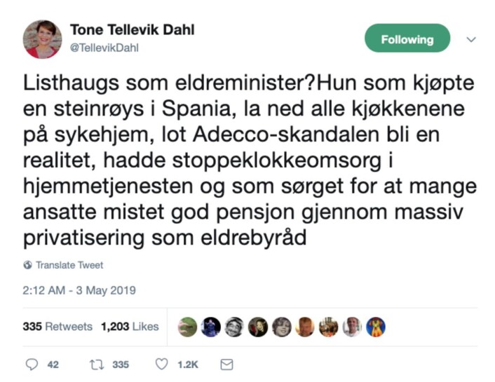 Skjermdump fra Tone Tellevik Dahls Twitter-konto Skjermdump fra Tone Tellevik Dahls Twitter-konto