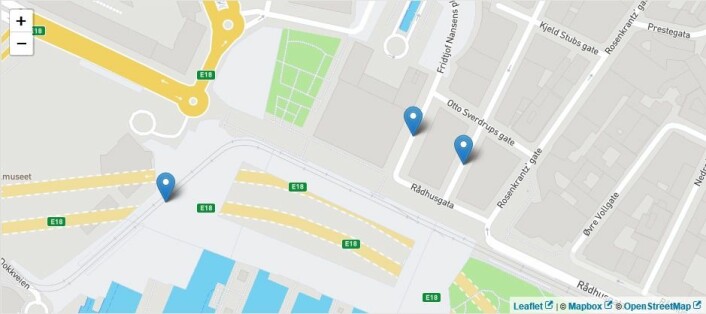 Barna hentes tre ulike steder etter toget. Skolen gir beskjed om hvor barna hentes. Her er de tre stedene markert med blått; Hieoronymus Heyerdals gate, Tordenskjolds gate og Nobels fredssenter. Illustrasjon: Google