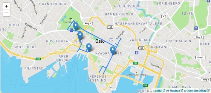 Her er ruten med avgangssteder tegnet inn av Oslo kommune. Illustrasjon: Google maps Her er ruten med avgangssteder tegnet inn av Oslo kommune. Illustrasjon: Google maps