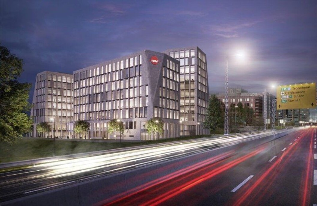 Fyrstikkalléen 1 består av totalt tre sammenhengende bygg, og NAV og Lånekassen skal bruke to av byggene. Foto: Kristin Jarmund Arkitekter/NAV Fyrstikkalléen 1 består av totalt tre sammenhengende bygg, og NAV og Lånekassen skal bruke to av byggene. Foto: Kristin Jarmund Arkitekter/NAV