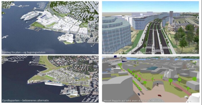 I Fjordbyparken får E18 og Ring 1 gå som i dag, men dekkes over et par hundre meter fra den tidligere boligen til NSBs generaldirektør og vestover. På den måten blir E18 ikke en barriere. Illustrasjon: Niels Torp Arkitekter AS og sivilarkitekt Arne Sødal I Fjordbyparken får E18 og Ring 1 gå som i dag, men dekkes over et par hundre meter fra den tidligere boligen til NSBs generaldirektør og vestover. På den måten blir E18 ikke en barriere. Illustrasjon: Niels Torp Arkitekter AS og sivilarkitekt Arne Sødal