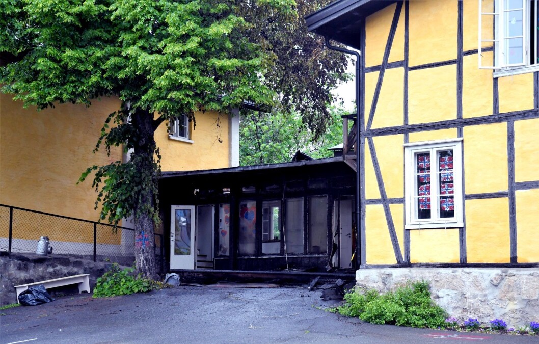 Deler av Heibergløkka barnehage på Tøyen ble brannskadet under en brann natt til i dag. Foto: Christian Boger Deler av Heibergløkka barnehage på Tøyen ble brannskadet under en brann natt til i dag. Foto: Christian Boger