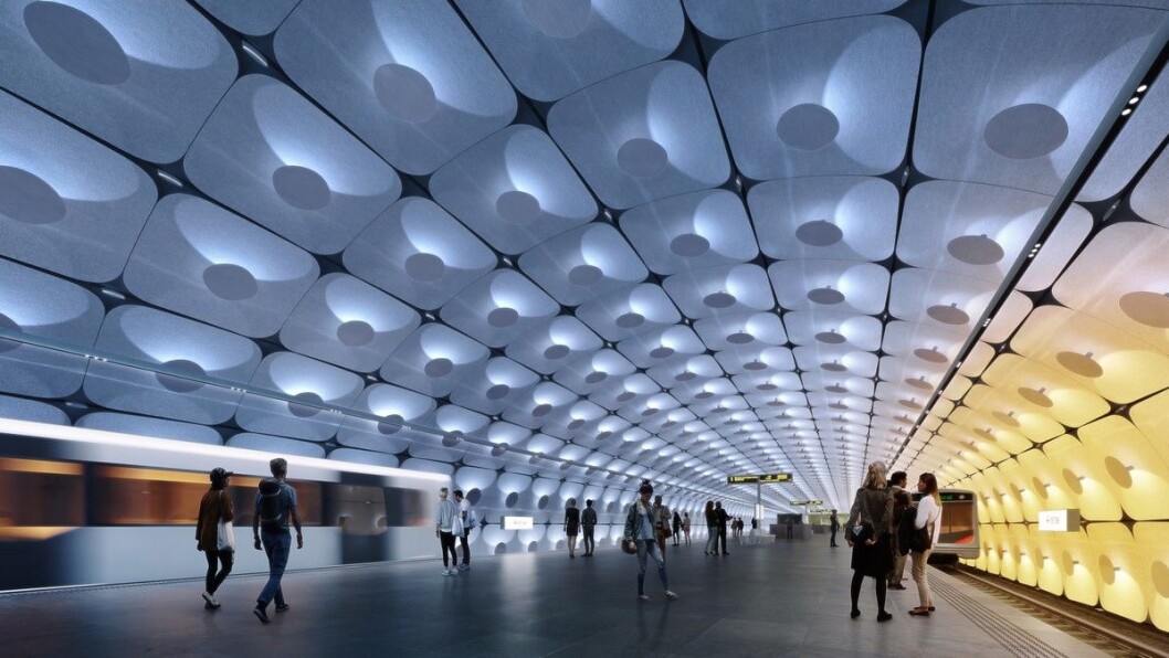 Arkitektene Zaha Hadid Architects og A-lab slik de ser for seg Fornebuporten stasjon. Foto: Fornebubanen Arkitektene Zaha Hadid Architects og A-lab slik de ser for seg Fornebuporten stasjon. Foto: Fornebubanen