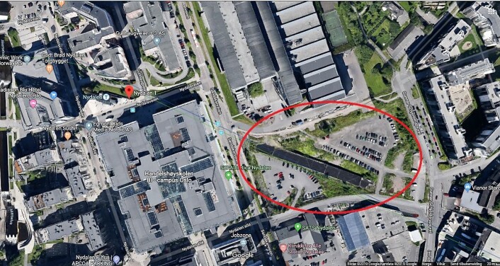 Her ønsker Torger Kjeldstad og mange andre i Nydalen seg en park. Foto: Google maps Her ønsker Torger Kjeldstad og mange andre i Nydalen seg en park. Foto: Google maps