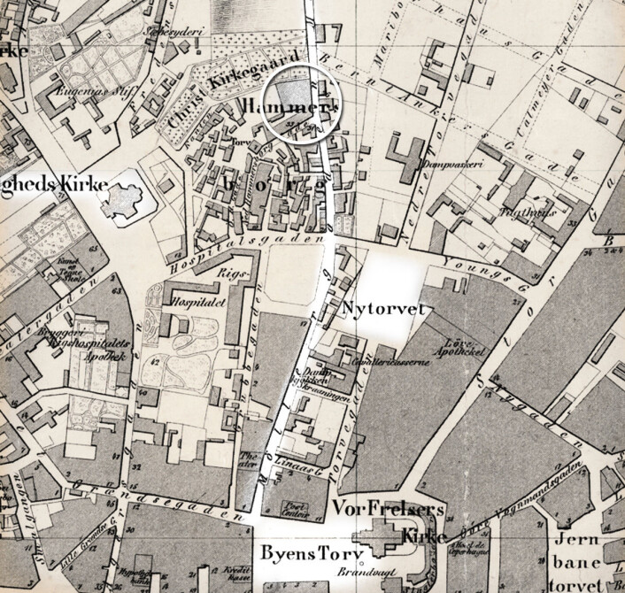 Rittmester J.W.G. Næsers kart over Christiania 1860. <a href="https://www.oslo.kommune.no/OBA/kart/" target="_blank" rel="noopener">Oslo Byarkiv</a> Rittmester J.W.G. Næsers kart over Christiania 1860. <a href="https://www.oslo.kommune.no/OBA/kart/" target="_blank" rel="noopener">Oslo Byarkiv</a>