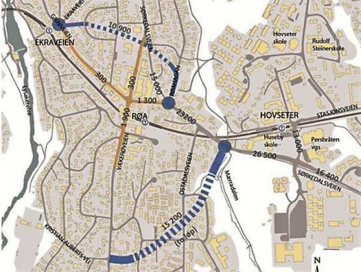 Et av de foreslåtte alternativene til Røatunnel, som er foreslått. Skisse: Bymiljøetaten Et av de foreslåtte alternativene til Røatunnel, som er foreslått. Skisse: Bymiljøetaten