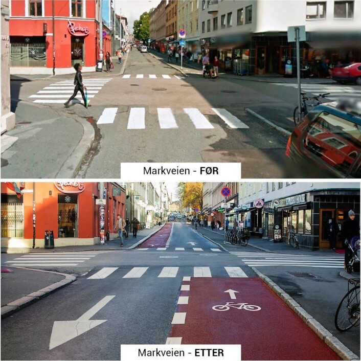Bymiljøetatens egne bilder av Markveien før og etter at p-plasser er erstattet med sykkelvei. Fotomontasje: Bymiljøetaten / Oslo kommune Bymiljøetatens egne bilder av Markveien før og etter at p-plasser er erstattet med sykkelvei. Fotomontasje: Bymiljøetaten / Oslo kommune