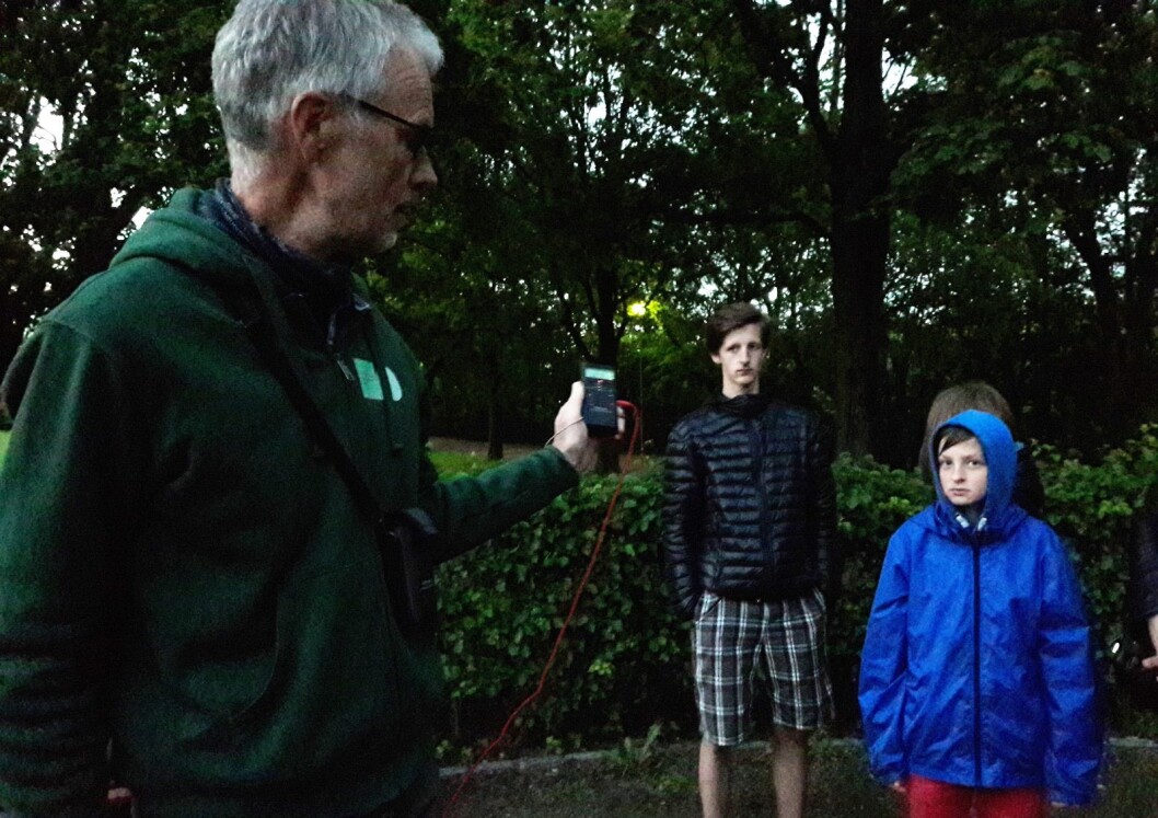 Dovydas (11) (t.h.) og Skirgaila Skebas (14) var med mamma Inga på flaggermussafari i Frognerparken. Kjell Isaksen holder ultralyddetektoren i handa, og det er like før flaggermusene gjør entre. Foto: Anders Høilund Dovydas (11) (t.h.) og Skirgaila Skebas (14) var med mamma Inga på flaggermussafari i Frognerparken. Kjell Isaksen holder ultralyddetektoren i handa, og det er like før flaggermusene gjør entre. Foto: Anders Høilund