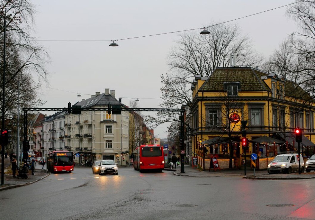Like ved bussholdeplassen i krysset Colletts gate, Ullevålsveien og Louises gate, skal raneren ha sparket den lille hunden slik at den måtte avlives. Foto: Merethe Ruud Like ved bussholdeplassen i krysset Colletts gate, Ullevålsveien og Louises gate, skal raneren ha sparket den lille hunden slik at den måtte avlives. Foto: Merethe Ruud