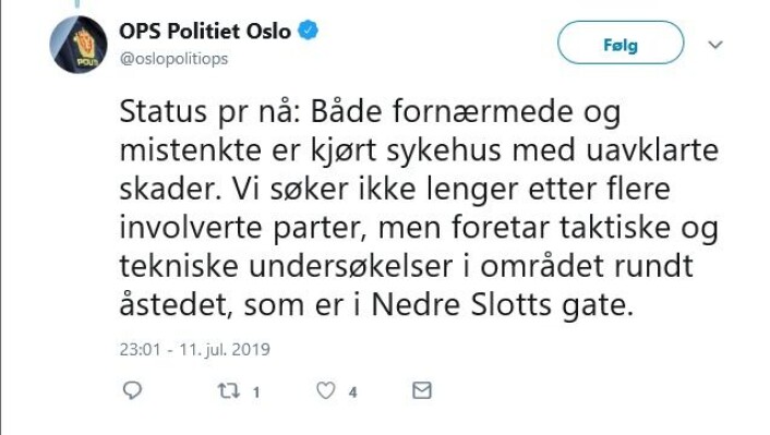 Skjermdump fra politiets Twitter-konto. Skjermdump fra politiets Twitter-konto.