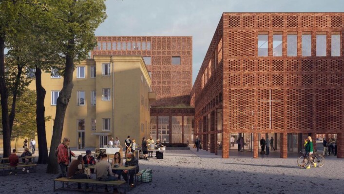 Tegningene av det planlagte nybygget viser et moderne teglsteinsbygg med åpen uteplass. Illustrasjon: Transborder Studio Tegningene av det planlagte nybygget viser et moderne teglsteinsbygg med åpen uteplass. Illustrasjon: Transborder Studio