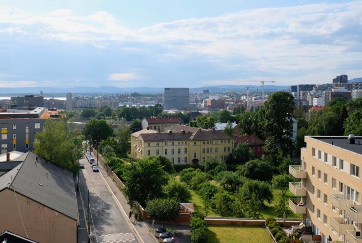 Borettslagene langs Ekebergveien, i tillegg til klosterhagen (området med trær på bildet), blir kraftig skyggelagt med planene for et sjuetasjers bygg. Foto: Emilie Pascale Borettslagene langs Ekebergveien, i tillegg til klosterhagen (området med trær på bildet), blir kraftig skyggelagt med planene for et sjuetasjers bygg. Foto: Emilie Pascale