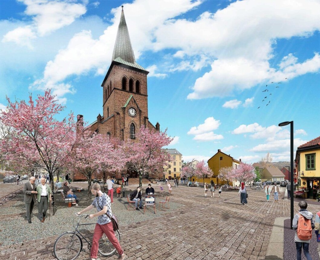 — Det kommer til å forsvinne noen parkeringsplasser, og 60-bussen må kjøre en annen vei, men planene er gode for både mennesker og miljø, mener MDG på Kampen. Illustrasjon: Grindaker landskapsarkitekter — Det kommer til å forsvinne noen parkeringsplasser, og 60-bussen må kjøre en annen vei, men planene er gode for både mennesker og miljø, mener MDG på Kampen. Illustrasjon: Grindaker landskapsarkitekter
