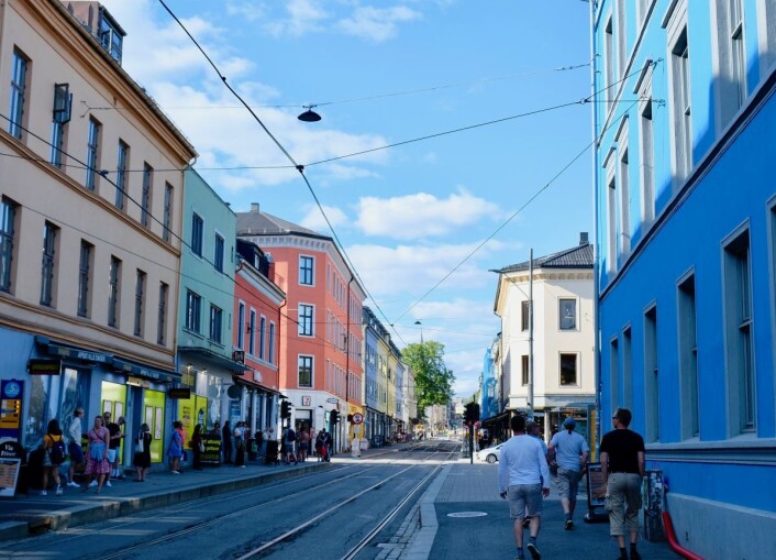 Grünerløkka har mange fargerike husfasader, noe Viks informanter fremhever som positivt. Her fra Thorvald Meyers gate. Foto: Emilie Pascale Grünerløkka har mange fargerike husfasader, noe Viks informanter fremhever som positivt. Her fra Thorvald Meyers gate. Foto: Emilie Pascale