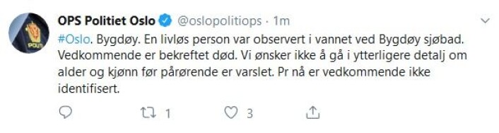 Skjermdump fra politiets Twitter-konto. Skjermdump fra politiets Twitter-konto.