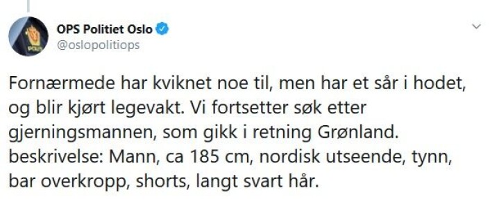 Skjermdump fra politiets Twitter-konto. Skjermdump fra politiets Twitter-konto.