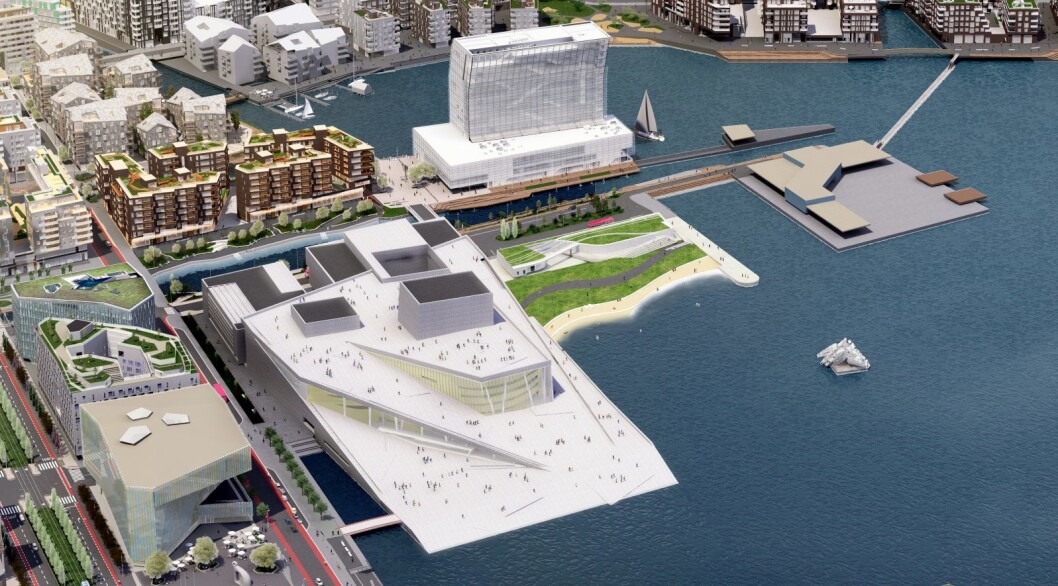 Slik blir det planlagte rekreasjonsområdet på Bjørvikautstikkeren, med den 100 meter lange stranden. På Sukkerbiten (ytterst til høyre) er det tegnet inn et volum
tilsvarende et bygg på 3.700 kvadratmeter. Illustrasjon: Bjørvika Utvikling Slik blir det planlagte rekreasjonsområdet på Bjørvikautstikkeren, med den 100 meter lange stranden. På Sukkerbiten (ytterst til høyre) er det tegnet inn et volum
tilsvarende et bygg på 3.700 kvadratmeter. Illustrasjon: Bjørvika Utvikling