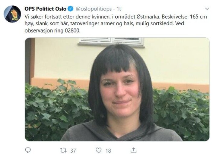 Skjermdump av politiets Twitter-konto mandag kveld. Skjermdump av politiets Twitter-konto mandag kveld.