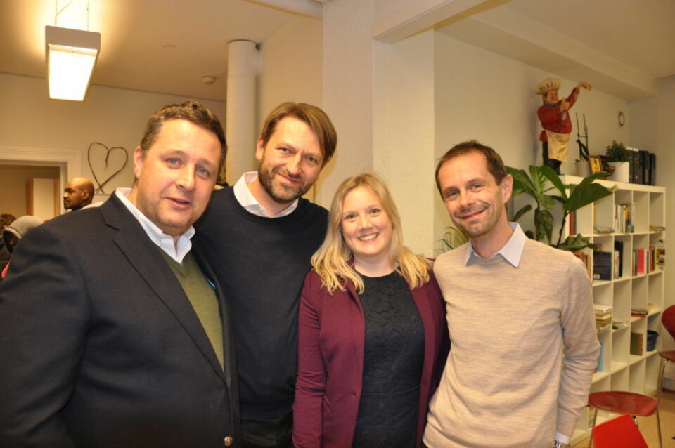Borgerlige samarbeidskamerater, fra venstre: Espen Andreas Hasle (KrF), Eirik Lae Solberg (H), Aina Stnersen (Frp) og Hallstein Bjercke (V). Foto: Arnsten Linstad